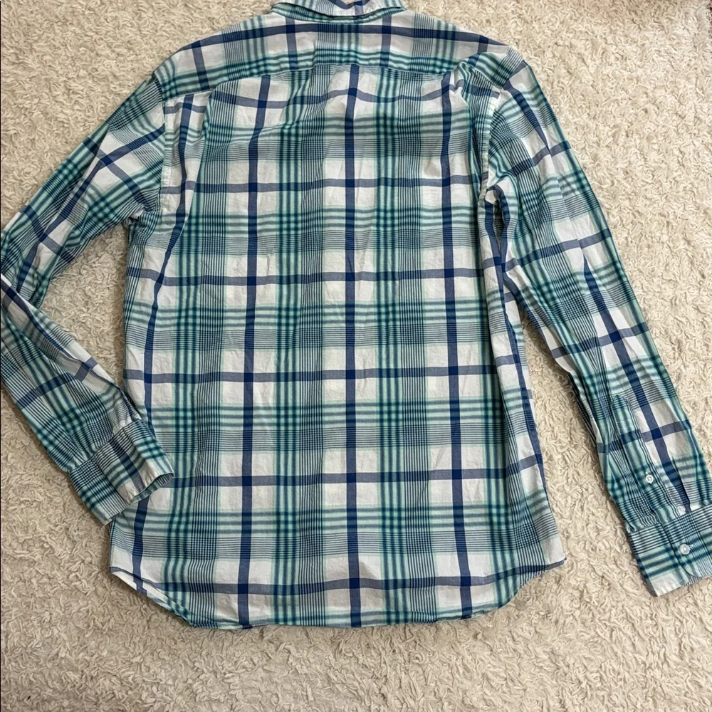 J. CREW FACTORY M Flex Washed Slim Cut blue, green, white button down shirt - Picture 8 of 8